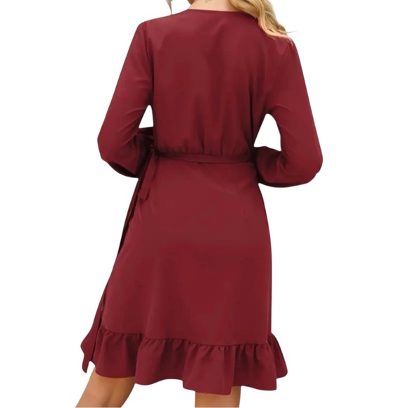 Women’s V-Neck Long Sleeve Wrap Dress with Ruffle Hem - Picture 3 of 7